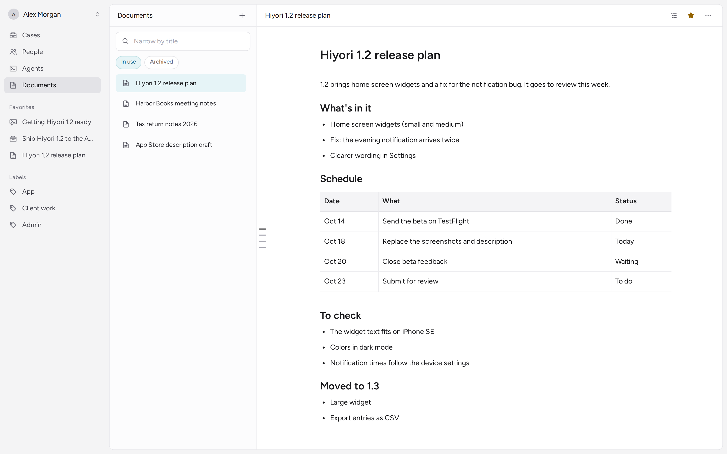 The Documents screen: a document with headings and a table